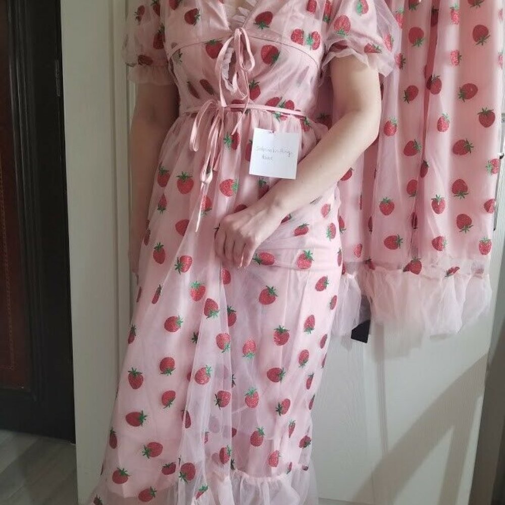 Strawberry Tulle Long Dress / Cute / S-5XL - Picture 5 of 10